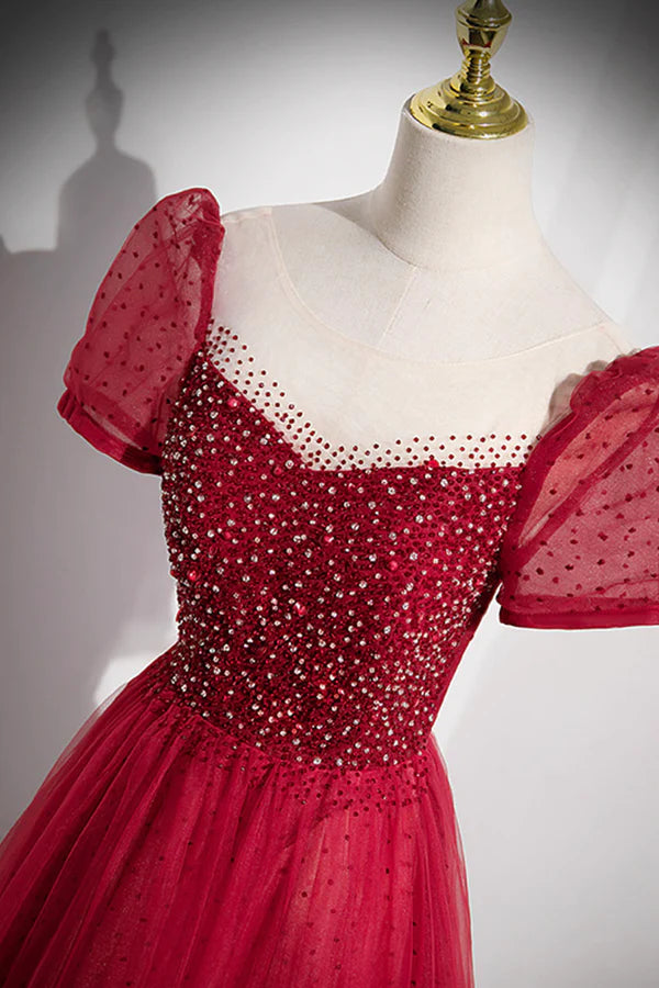Wholesale Red Scoop Neckline Tulle Formal Dress with Beaded A-Line Short Sleeve Party Dress